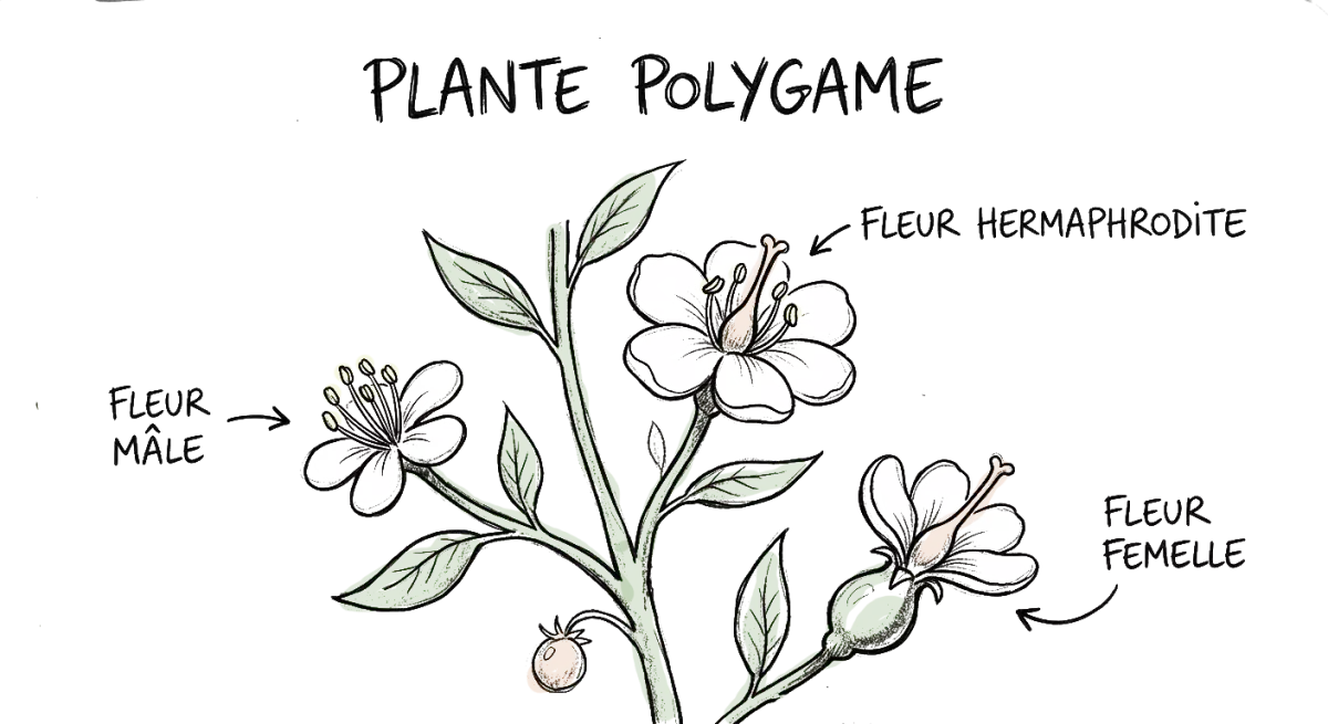 dessin d'un plante polygame, une plante avec les trois types de fleurs