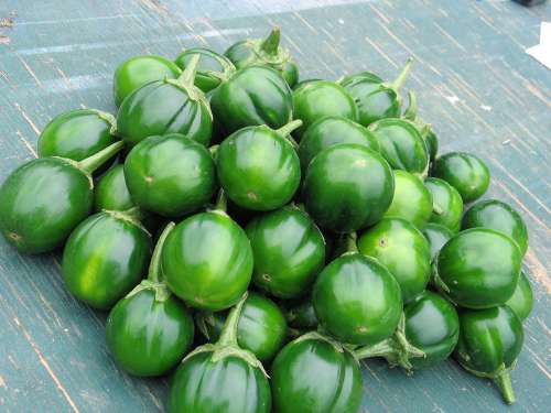 un tas d'aubergine gilo, ils sont verts et sont sur une table, il y en à beaucoup