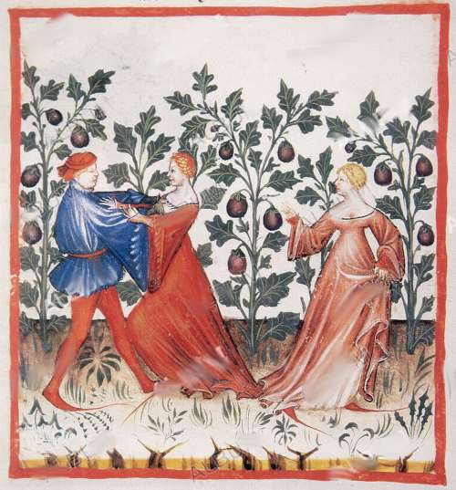 gravure du moyen age qui représente des gens qui danse dans un jardin