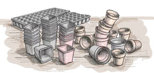dessin de pots et de godets en vrac sur une table