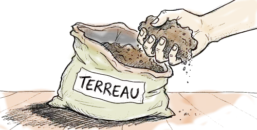 dessin d'un sac de terreau, avec une main qui plonge dedans