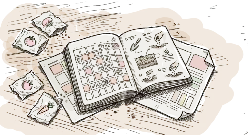 dessin de carnet de jardinier, et calendrier de semis
