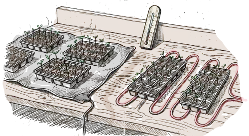 dessin d'une instalation, de tapis chauffant sur lesquels il y a des caissettes de semis