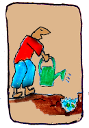 vignette avec un personnage qui verse de l'eau dans un trou dans le sol