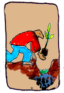 vignette d'un personnage qui dépose une plante dans le fond d'un trou