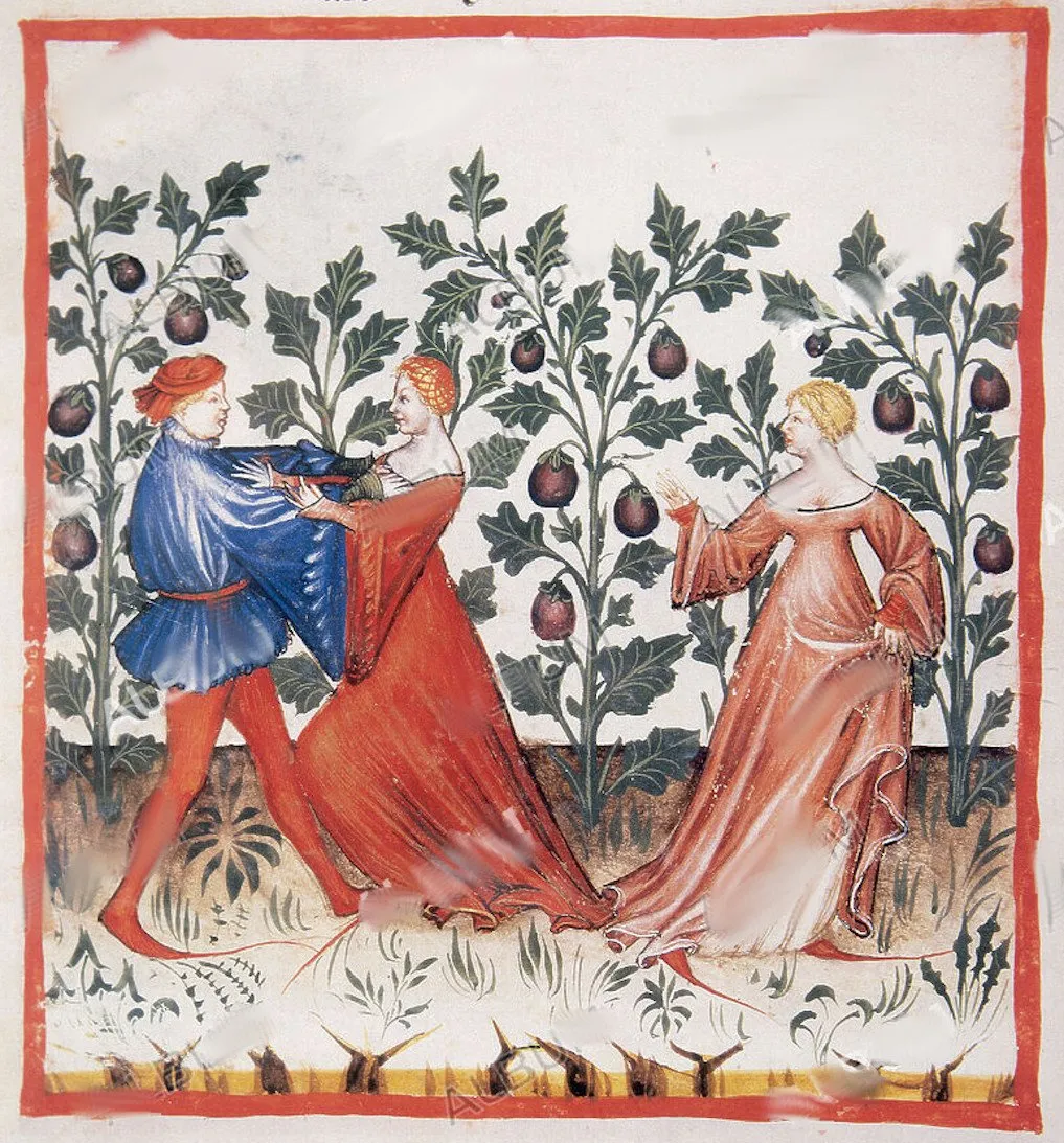 gravure du moyen age qui représente des gens qui danse dans un jardin