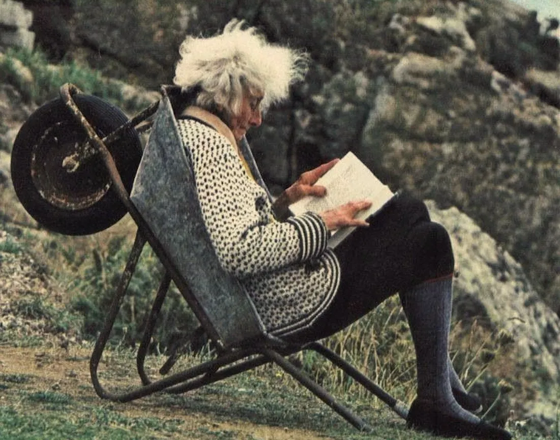 L'image montre une dame qui lit un livre dans une brouette