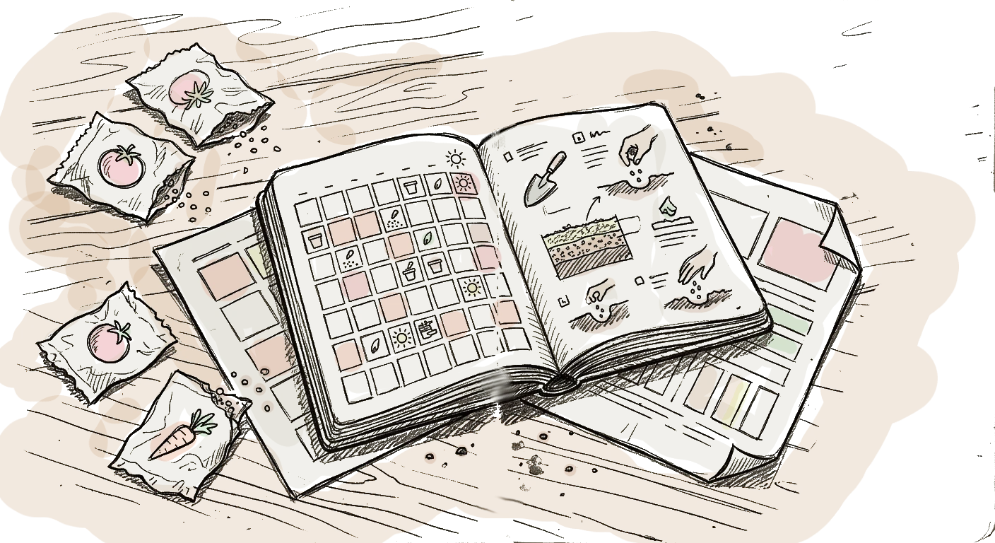 dessin de carnet de jardinier, et calendrier de semis