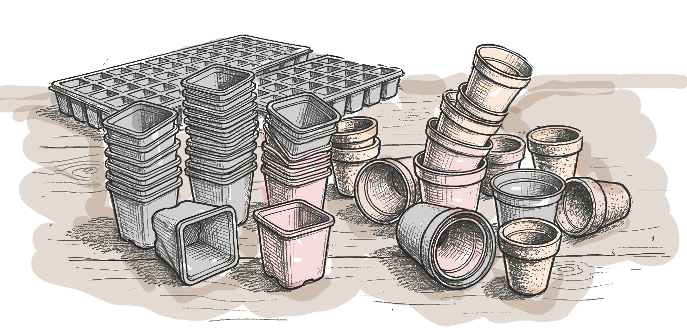 dessin de pots et de godets en vrac sur une table