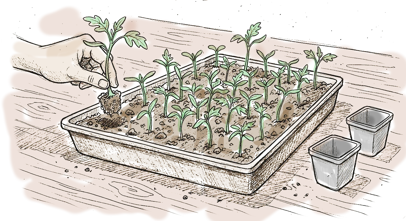 dessin au trait d'un repiquage, une main tient une motte avec une plantule
