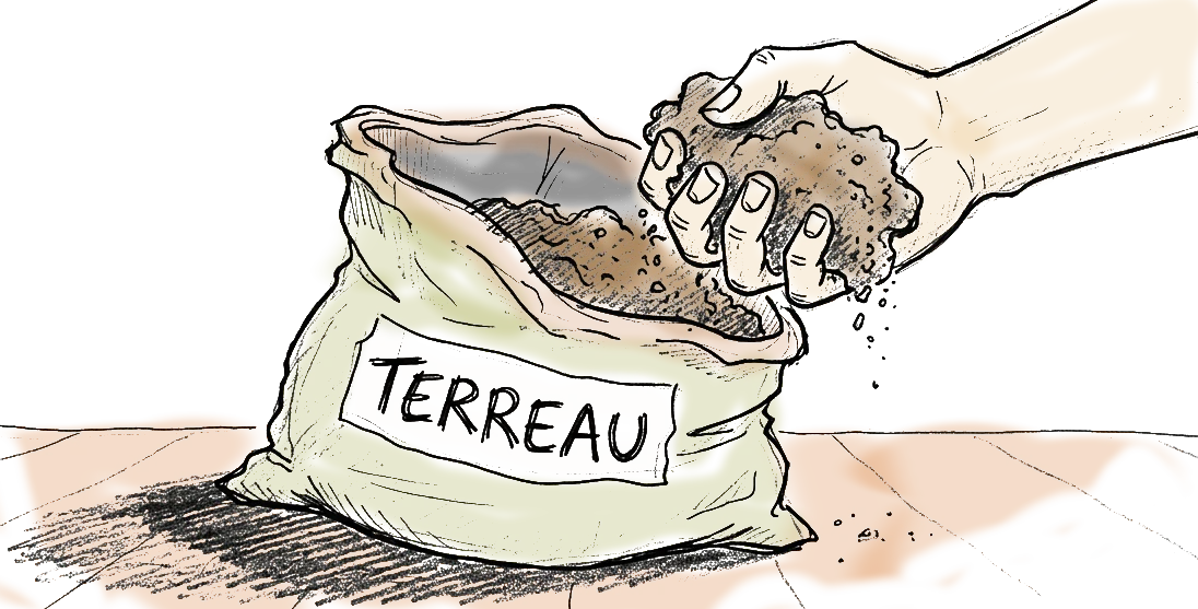 dessin d'un sac de terreau, avec une main qui plonge dedans