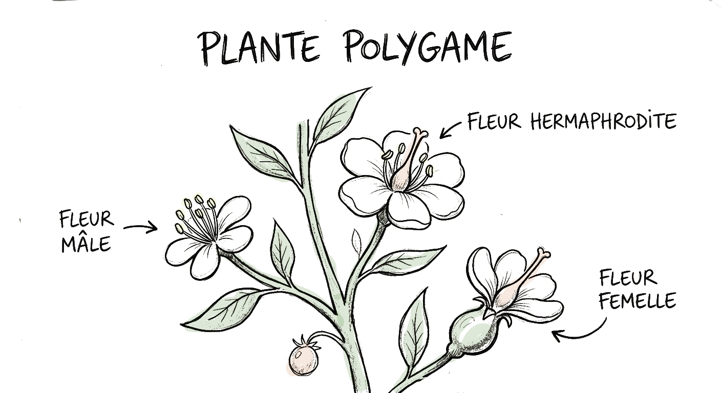 dessin d'un plante polygame, une plante avec les trois types de fleurs