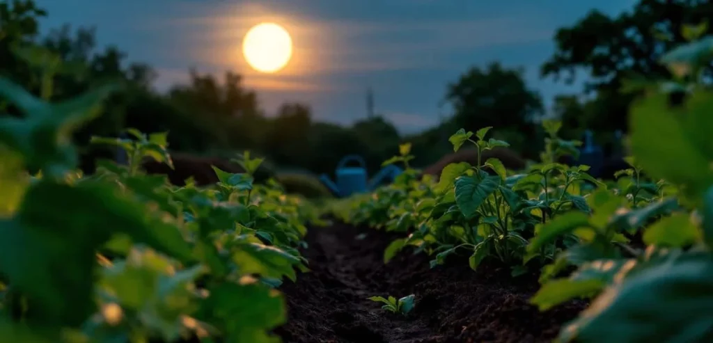 L'image montre un potager en pleine nuit, on y vois la lune