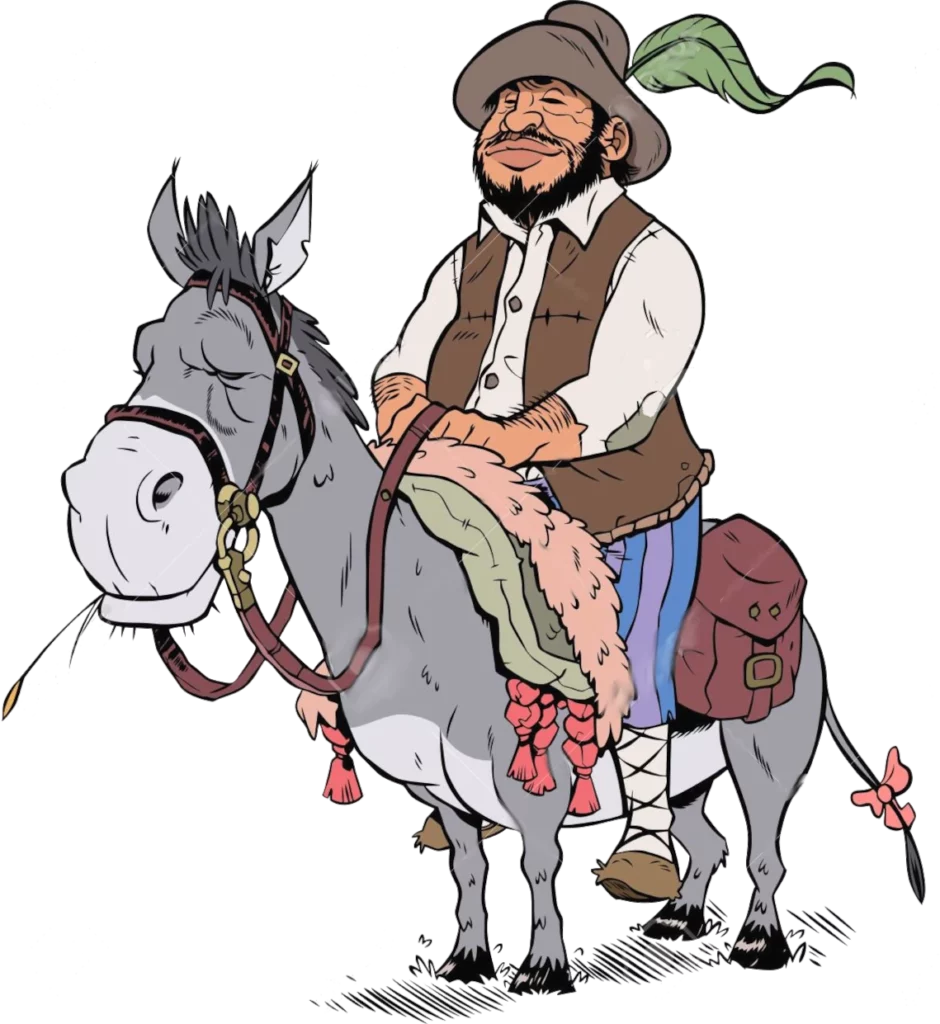 "Illustration colorée de Sancho Panza monté sur un âne, personnage emblématique de la littérature espagnole, style caricature humoristique"