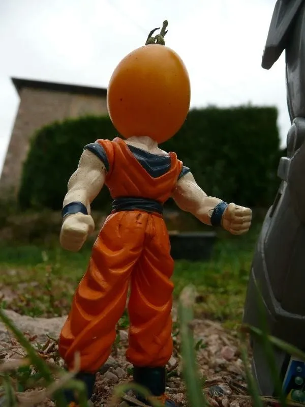 L'image montre un super héro avec une tête de tomate!