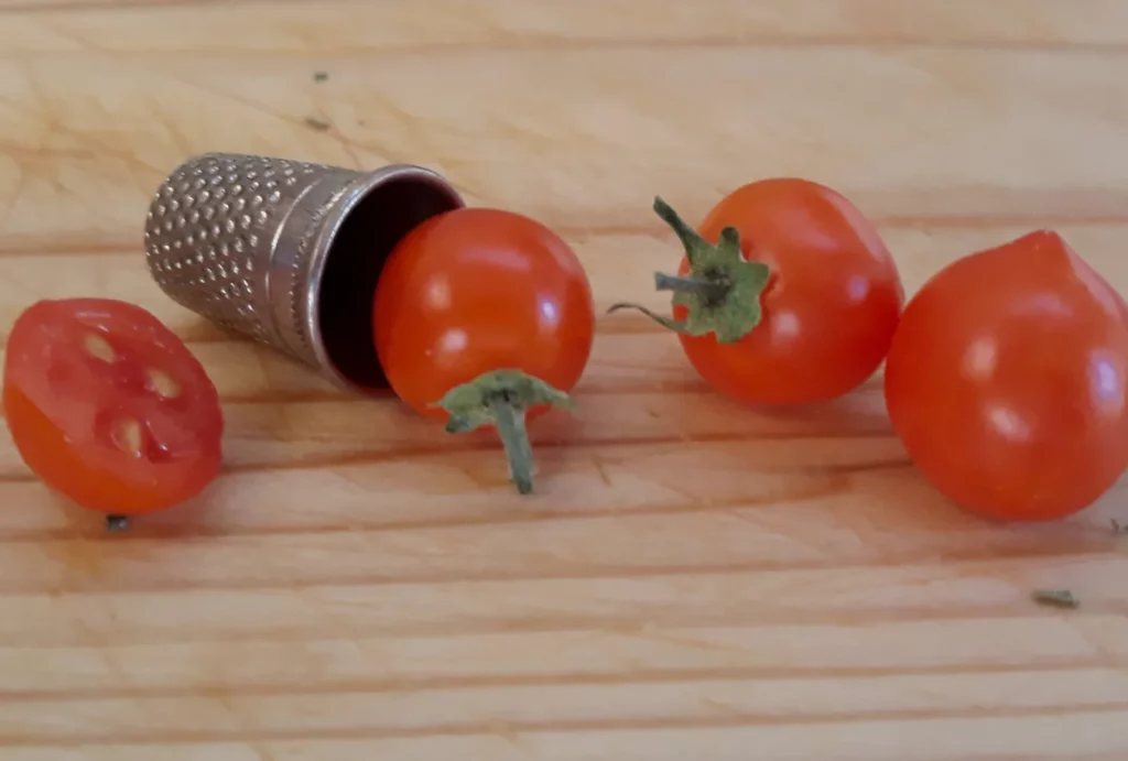 Des toutes petites tomates sur une planche en bois, une d'elle est dans un dé à coudre